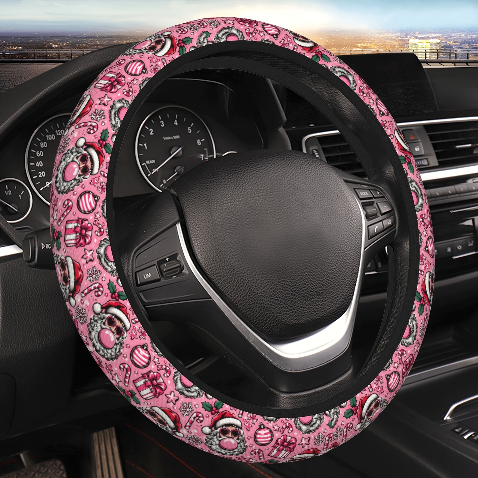 TEMU 1pcsteering Wheel Cover For 15 Inch Wheels - No Durable & Interior Accessory Christmas Santa Bubblegum Pattern