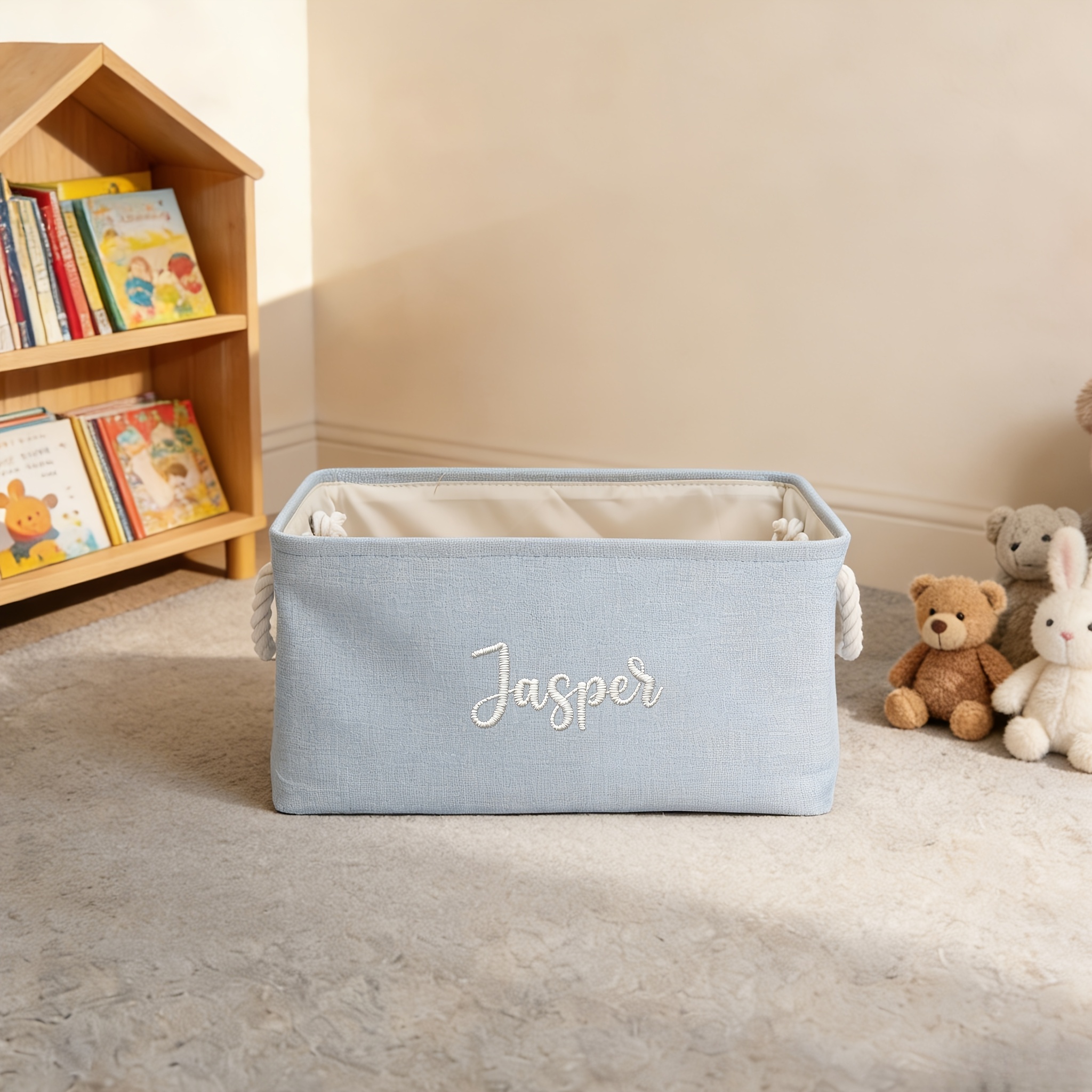TEMU 1pc Personalized Storage Basket | Foldable Linen Bin With Custom Name Design, Embroidered, Modern Soft Storage Solution, Rectangle Shape, ,