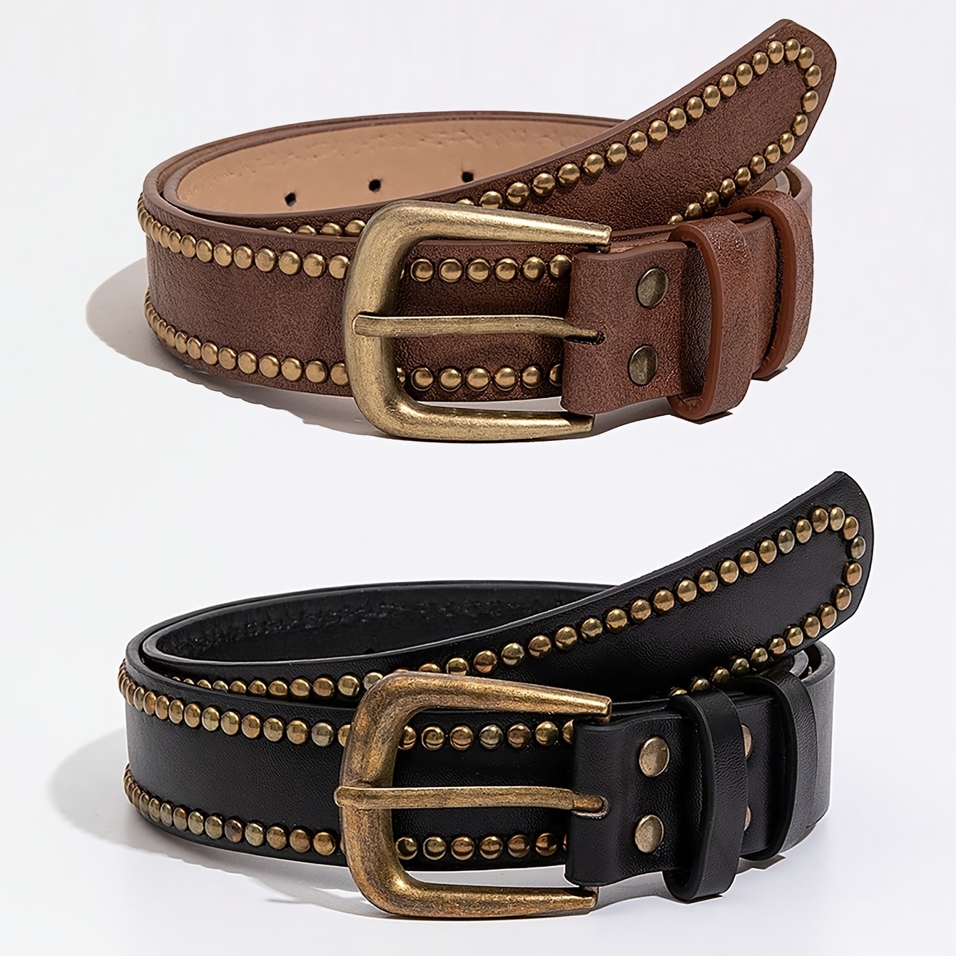 TEMU Set Of 2 Women's Spring And Summer Studded Vintage Pu Belts, For Ramadan Music Festivals