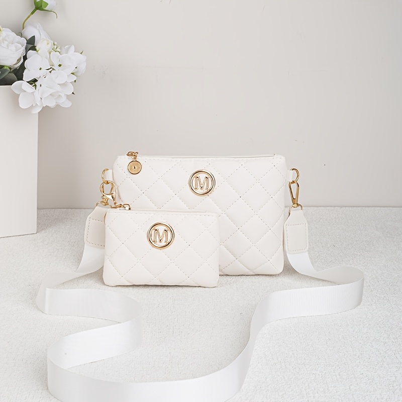 Image of 2pcs Set Of Diamond Crossbody Bags For Women, Diamond Pattern Wide Shoulder Strap Bag And Detachable Mini Coin Purse, Fashionable M-brand Handbag, Casual All-