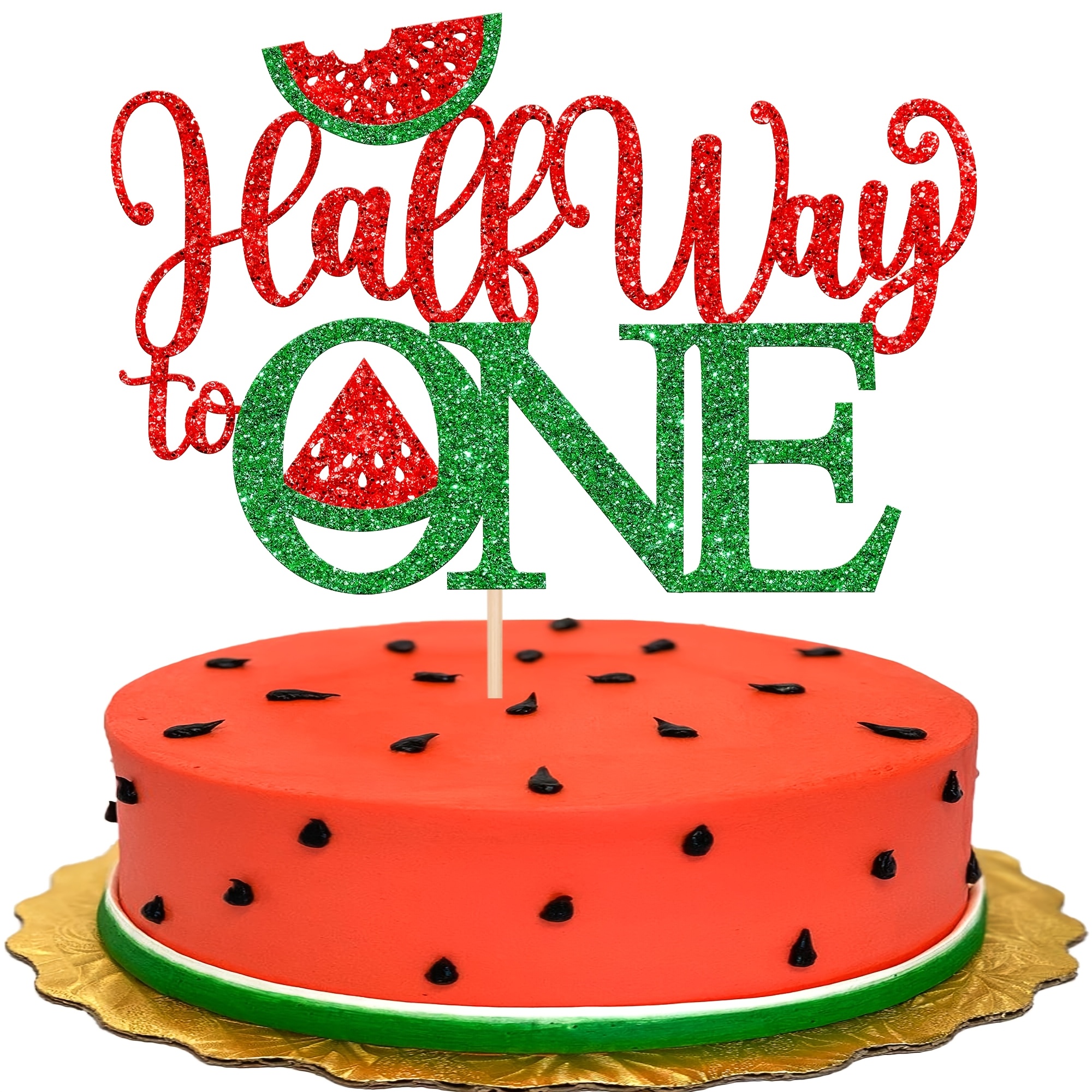 TEMU 1pc Watermelon To 1 Cake Topper Glitter Watermelon 1/2 Cake Pick Happy Birthday Decorations For Fruit Theme Half Birthday Party Cake Decorations