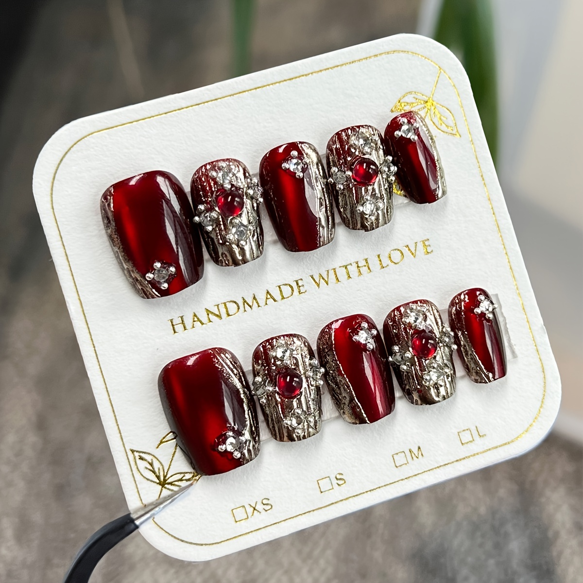 

Handmade 10-piece Nail Set, Red Gemstone Cat Eye Design, Reusable Short Square Glossy Press-on Nails For Daily And Festive Wear