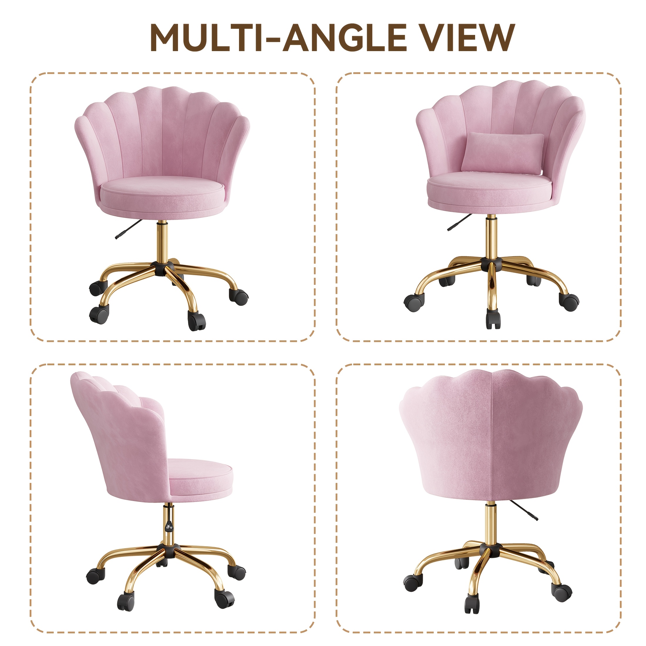 Girls' & Women' Luxury Velvet Tufted Vanity Chair with Wheels - Height Adjustable Upholstered Desk Chair Suitable for Bedroom, Living Room, Dressing Table, Soft Cushioning, No Assembly Required, Contemporary Petal for Home Office