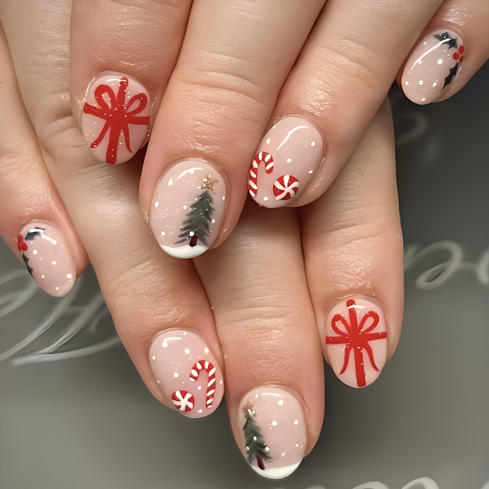 

Christmas Nail Art Set, 24pcs Cute Christmas Tree And Holly With Cartoon Candy Cane French Accents, In Pink/red, Oval Short Nails For Holiday Parties