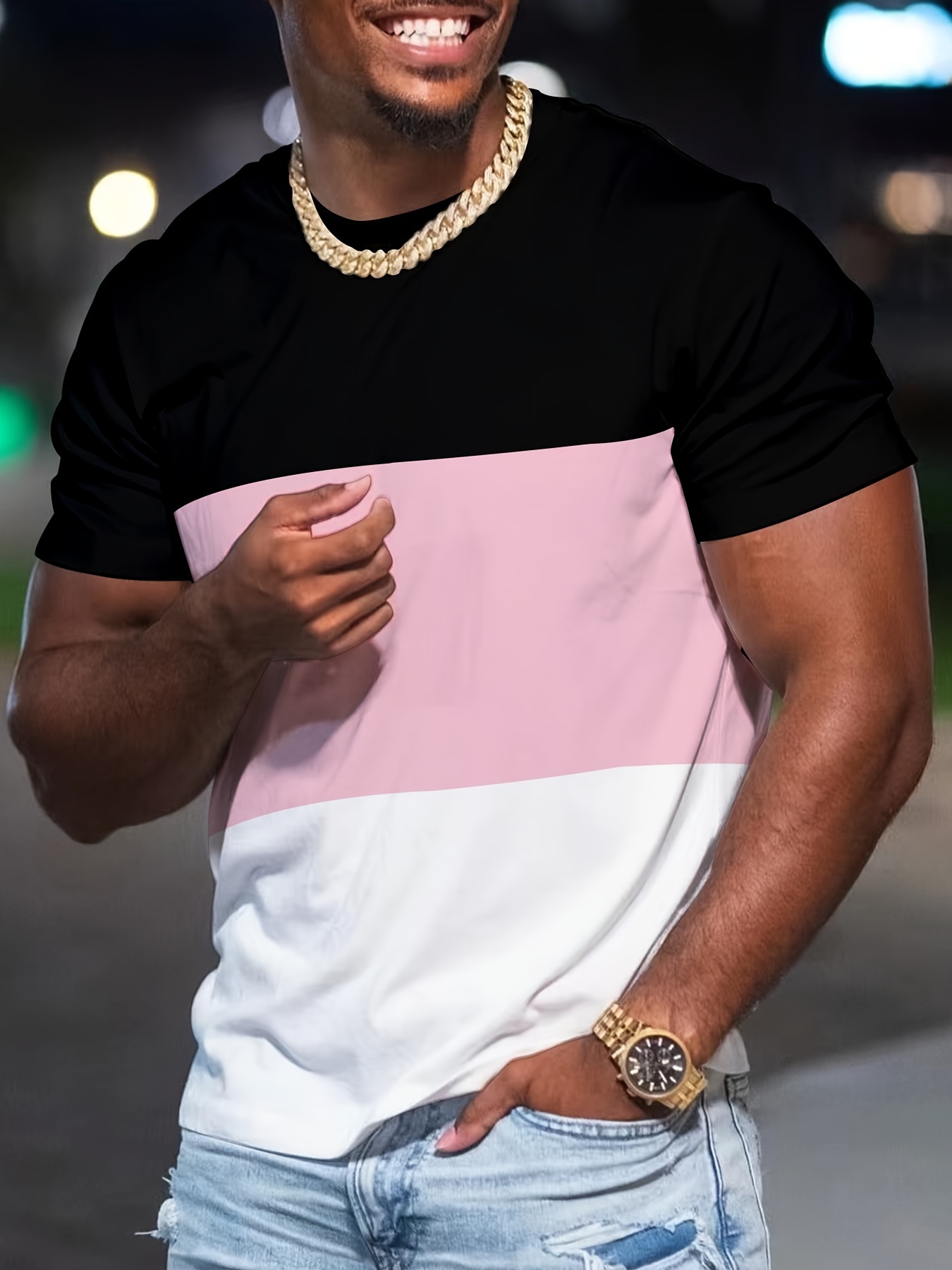 MBDMBD Men's Slim Fit Color Block T-Shirt - Casual, Stretchy Polyester Blend, Crew Neck, Machine Washable - Summer Essential in Black, Pink, and White