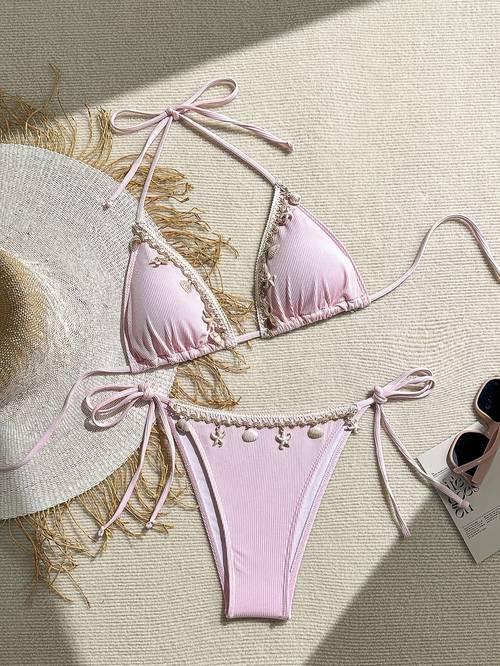 womens chic beige bikini set high stretch fabric machine washable top and side tie