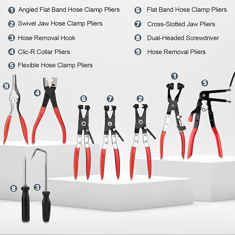 a set of 9 hose clamp pliers featuring long handled pliers for automotive use straight throat style clamp pliers and bent wire clip pliers designed for removing water hoses and automotive coolant radiator heaters Product details 2