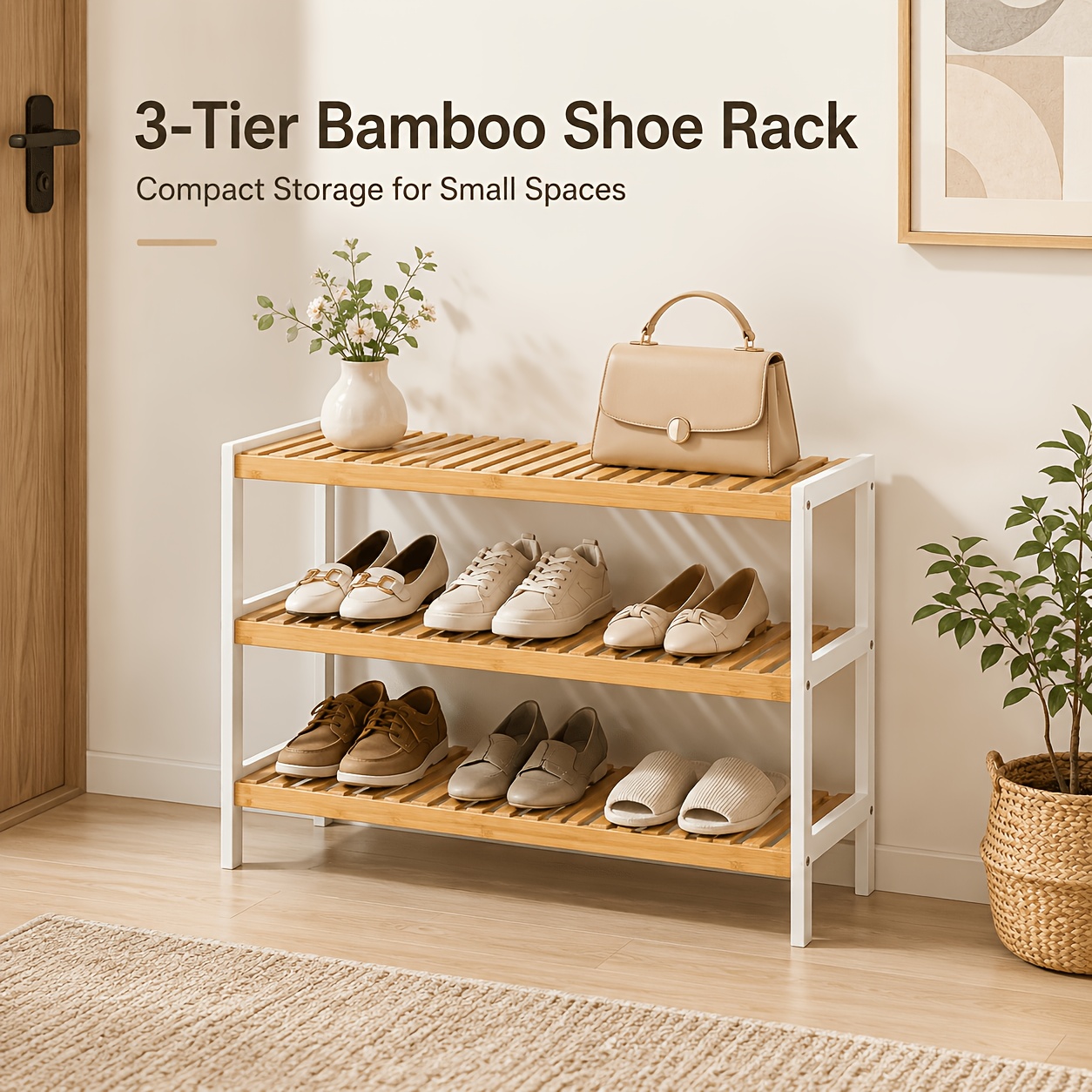 3-tier Bamboo Shoe Rack With White Frame, Slatted Open Shelves, Compact Shoe Organizer For Shoes, Slippers, Bags & Daily Essentials, Suitable For Entryway, Bedroom, Closet, Hallway & Small Spaces