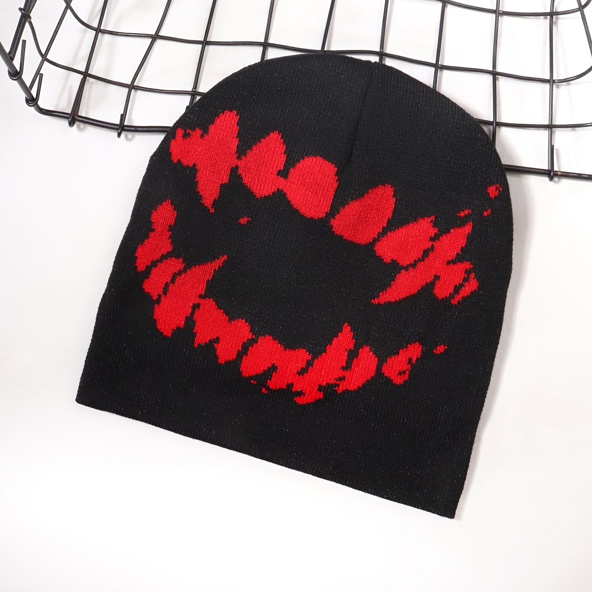 TEMU Bonnet Jacquard à Motif de Dents à Large Ouverture pour Homme et Femme - Bord Style Hip-Hop Adapté aux Sports de , au Vélo, à l'Hiver, à Noël, à