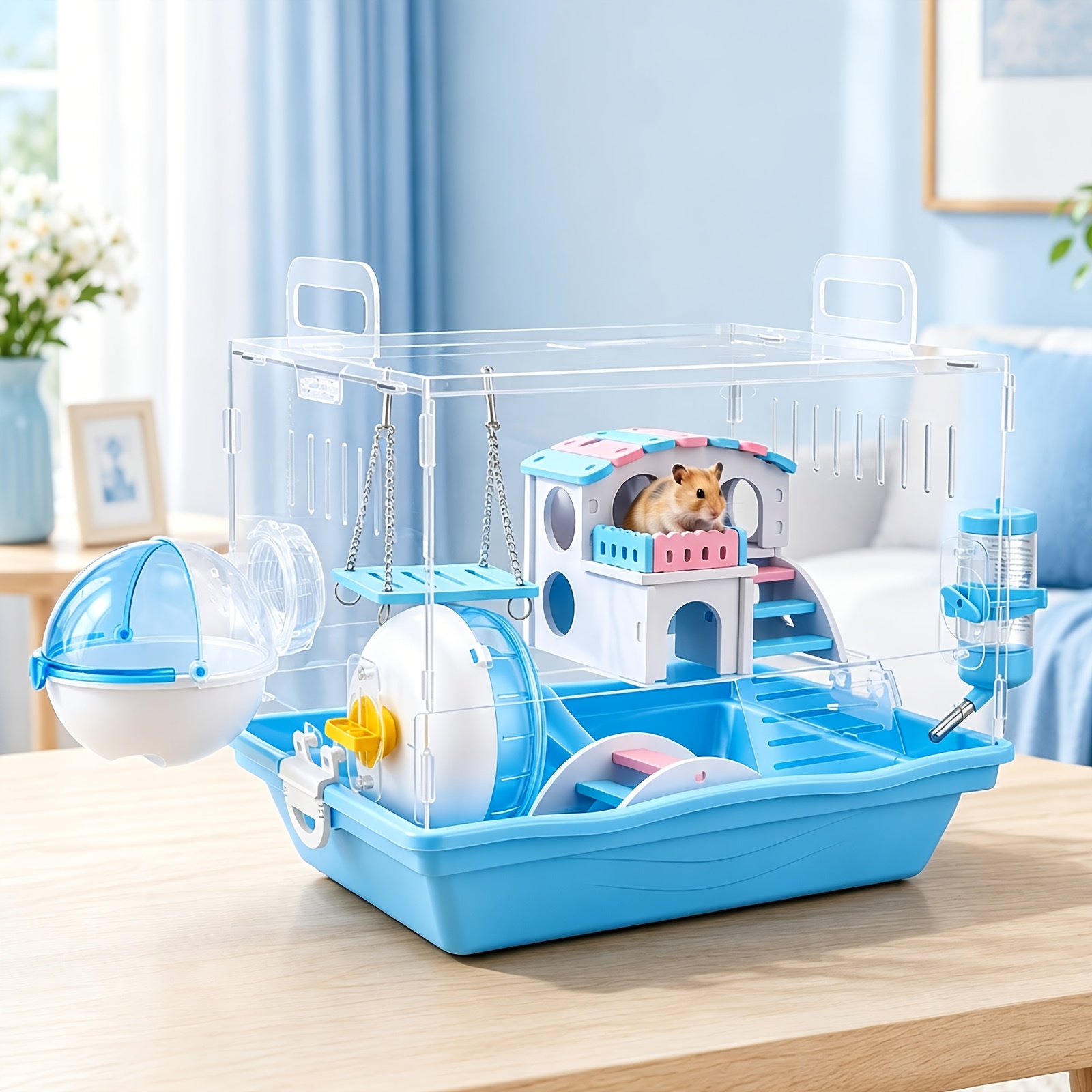 Image of 2-level Transparent Acrylic Small Animal Cage, Hamster House With Full Additions, Wide Front Door, 37x33x28 Cm For Hamsters, Mice, And Gerbils, Without Battery