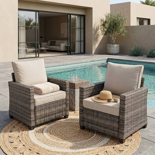 two piece outdoor patio chair set wicker armchair with 4 3 inch thick seat and high backrest all weather wicker porch chair small patio furniture set suitable for and patios