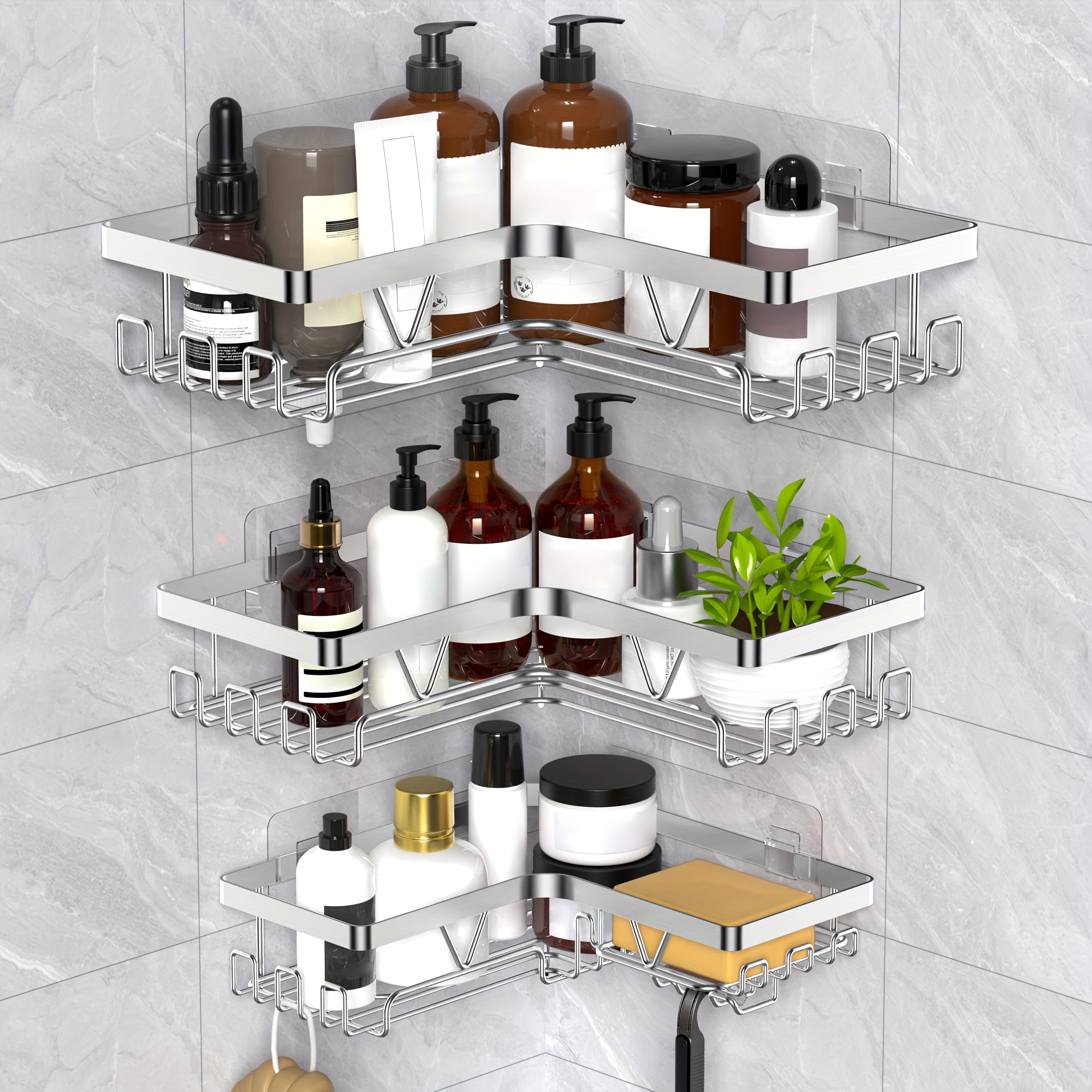 E-shop 3 Stück Edelstahl Duschregal, rostfrei, ohne Bohren selbstklebend, einfach zu installieren, große Kapazität, geeignet für Badewanne Shampoo
