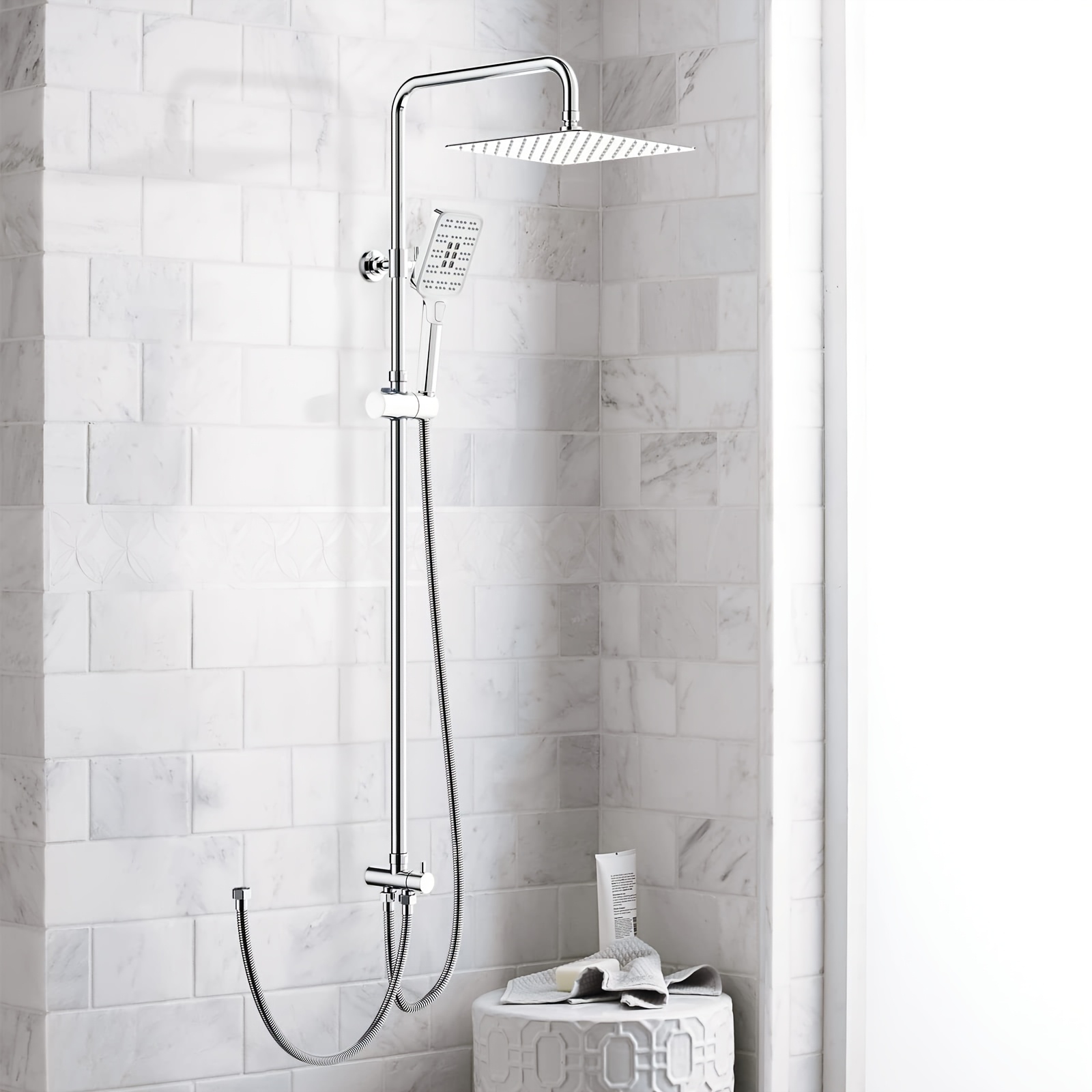 Image of Rainsworth 10"x10" Square Stainless Steel Complete Rain Shower Set With Adjustable Chrome Shower Rod And Head (mixer Not Included)
