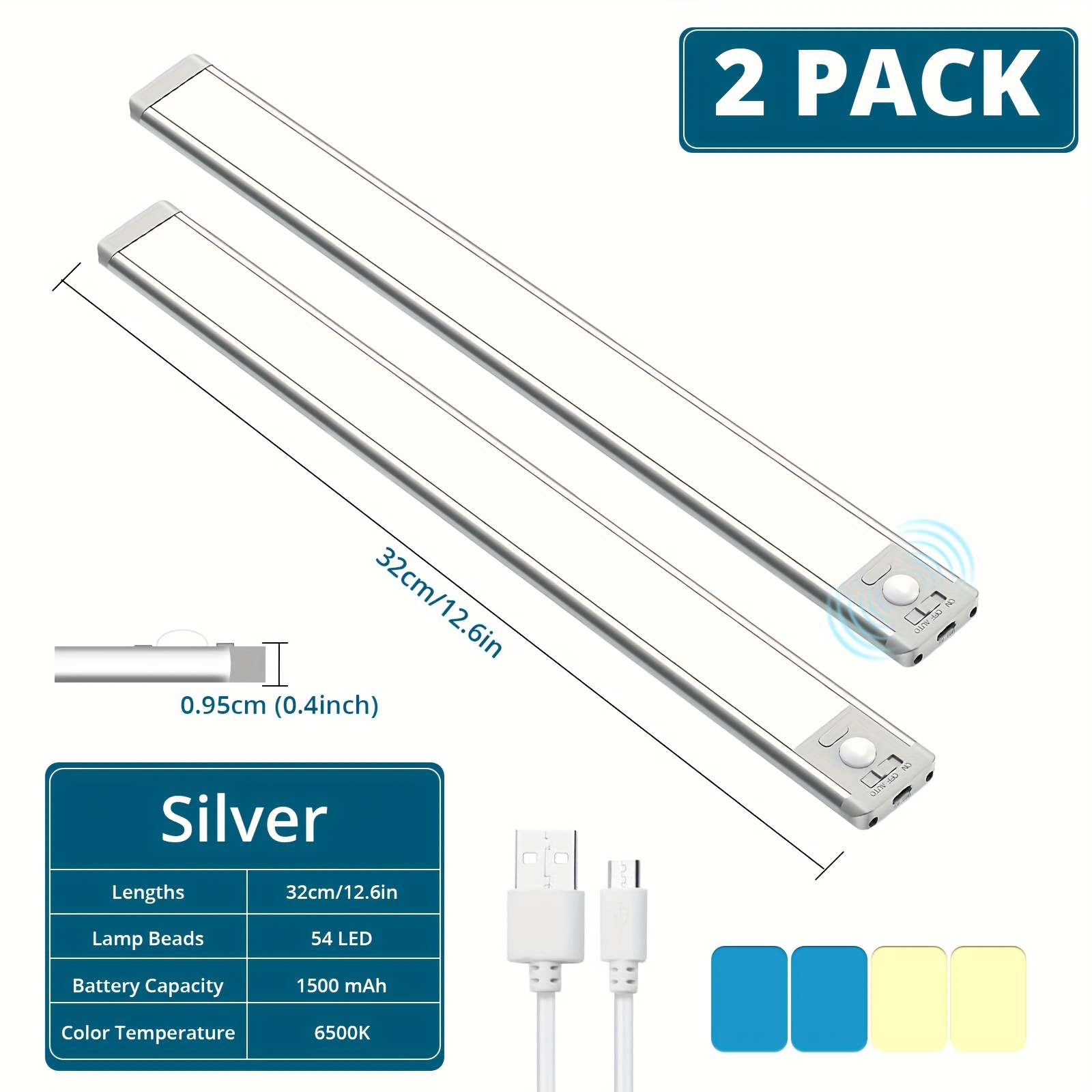 TEMU 2pcs Motion Sensor Under Cabinet Light, Closet Lights, Daylight Dimmable Wireless Usb Rechargeable Battery Operated Night Lights, Stick-on
