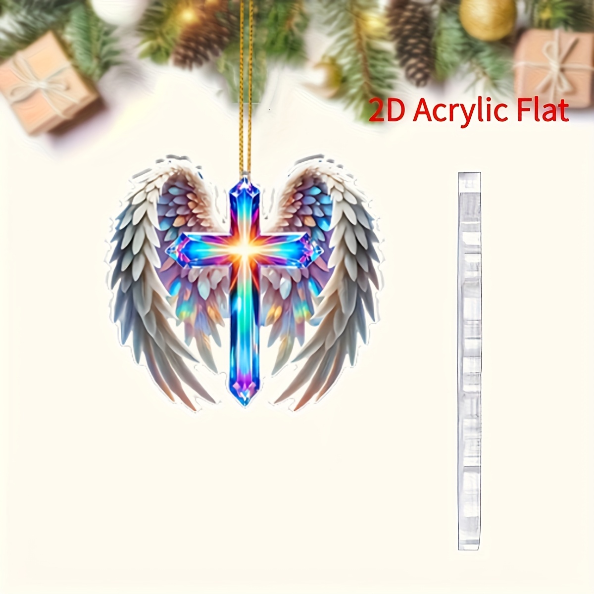 2D Flat, Angel Wings and Cross Car Hanging Ornament