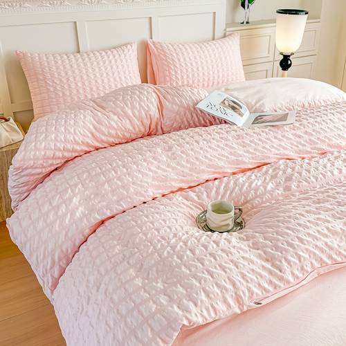 photo de l'article ensemble de 3 pièces housse de couette queen size seersucker super douce collection - housse de couette légère et rafraîchissante - douce et respirante (queen, rose)