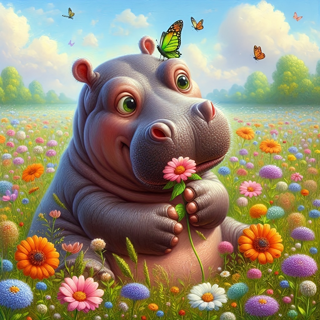 

Adorable Hippo & Floral Diamond Painting Kit - 5d Diy Full Round Rhinestone Mosaic Art, Creative Handmade Gift For Home Wall Decor, Frameless