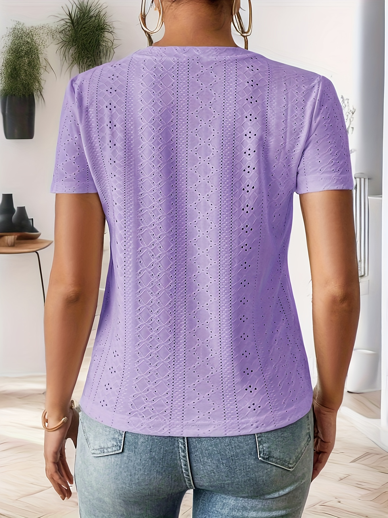 Eyelet Crew Neck T-Shirt, Casual Short Sleeve Top For Spring & Summer, Women's Clothing