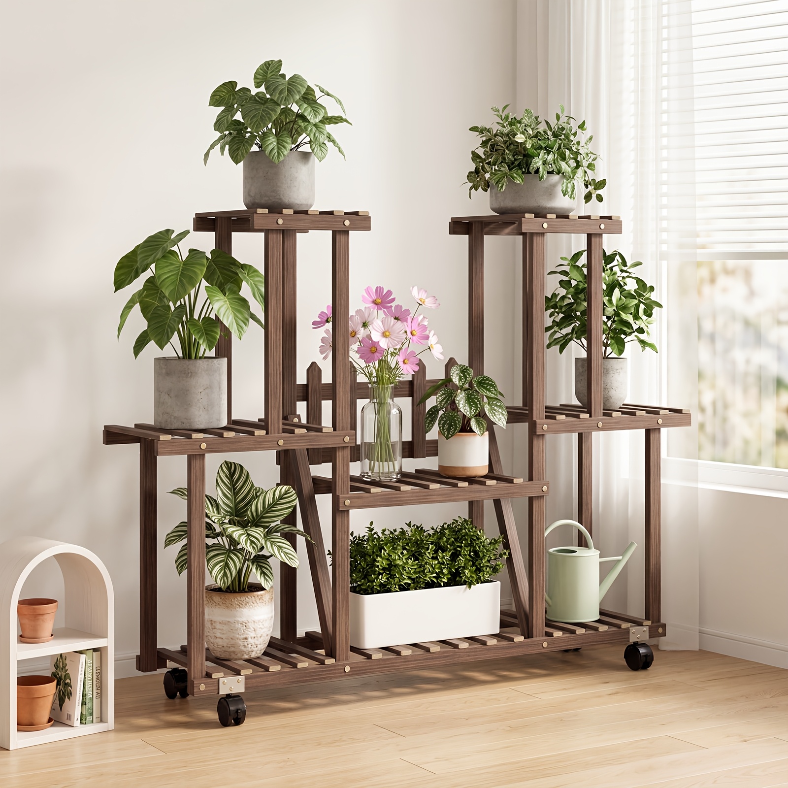 Image of Flower Rack, 6-layer Wheeled Wooden Shelf Carbonized Color And Vertical Storage Courtyard Space, H-shaped Movable Flower Rack, Suitable For Gardening Flower Rack Garden Succulent Display