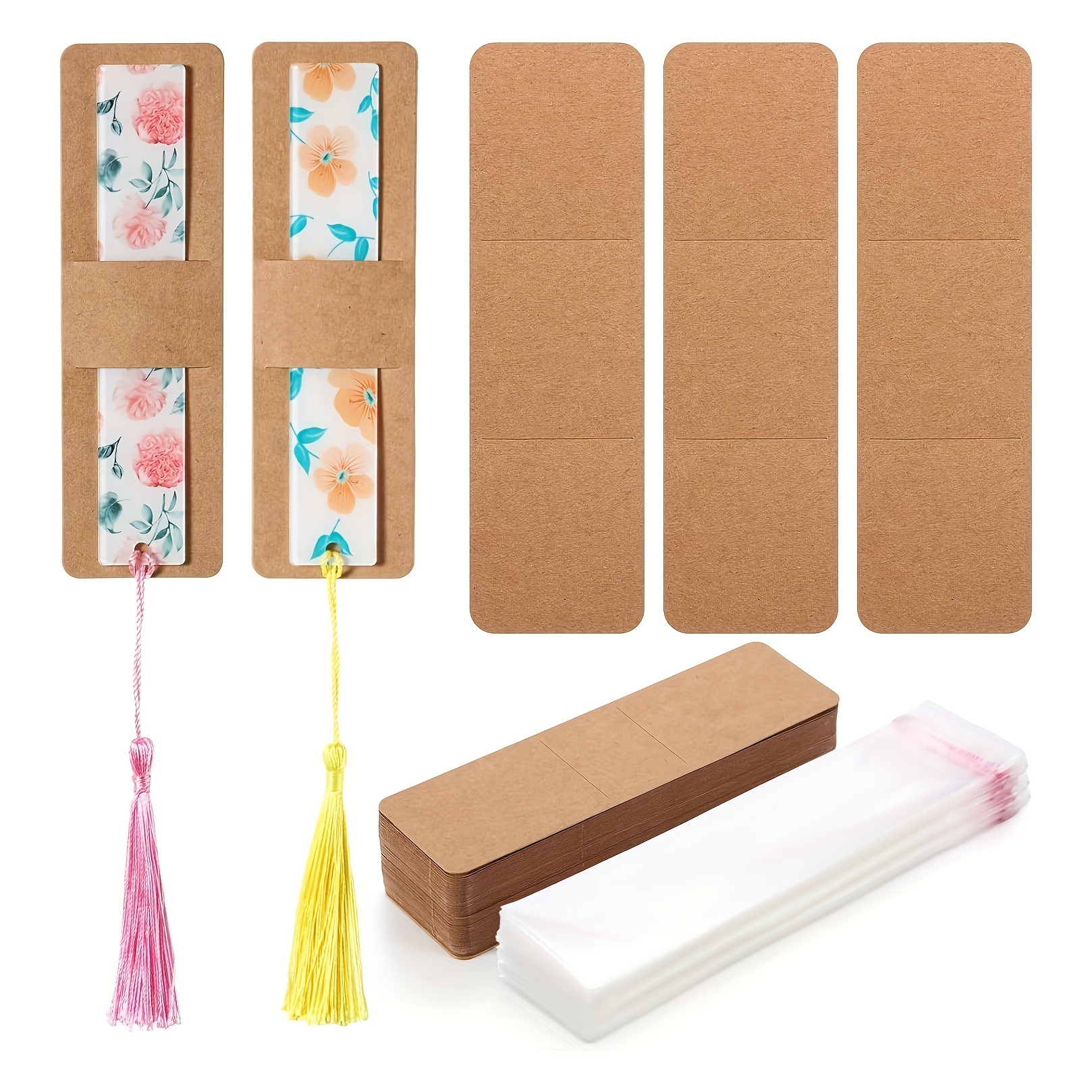 

100-pack Kraft Sleeve Sets With 100 Clear Self-adhesive Bags - Khaki Bookmark Gift Envelopes With Tassel Holder Card Slot, Christmas Tree Themed Craft Accessories