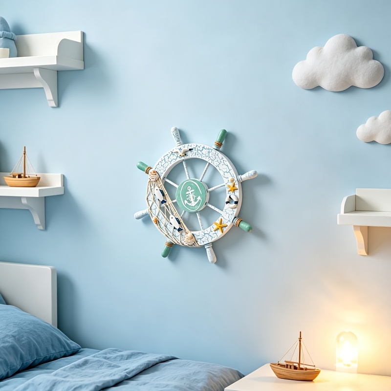 1pc Navigation-themed Steering Wheel Decoration, Wedding And Birthday Themed Decor, Shell Ornament, Wall Decor, White Anchor Decoration, Used For Birthday, Wedding, Party Decoration, And Home Decor
