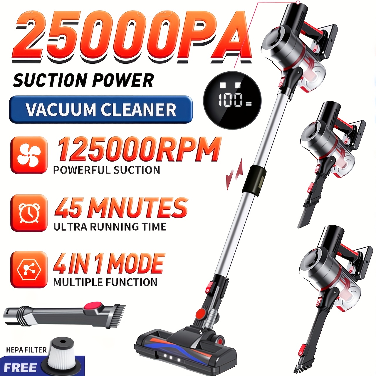 1pc Digital Wireless Handheld Vacuum Cleaner - 25kpa Suction, Led Flashlight, 35min Long , For Carpet & Hard Floor, Pet Hair & Remover, Gaming Design Rechargeable Lithium Battery, Pet Hair Remover |