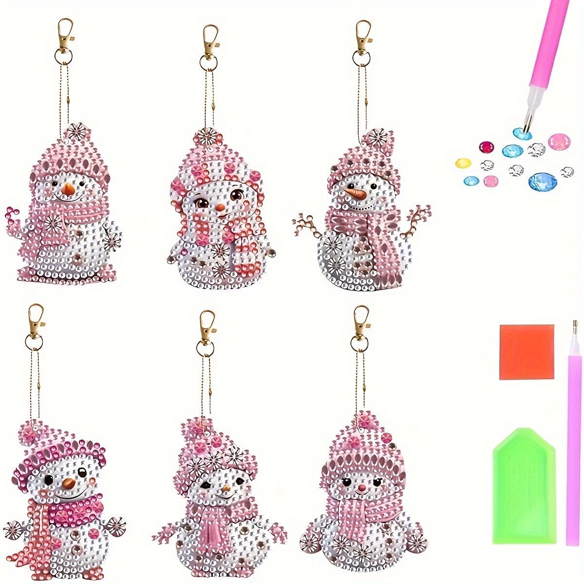 

6-pack Diamond Painting Keychain Kits, Snowman Theme, Round Diamond Acrylic Mosaic Art, Diy Double-sided Pendant Ornaments, 5.5cm X 7.5cm