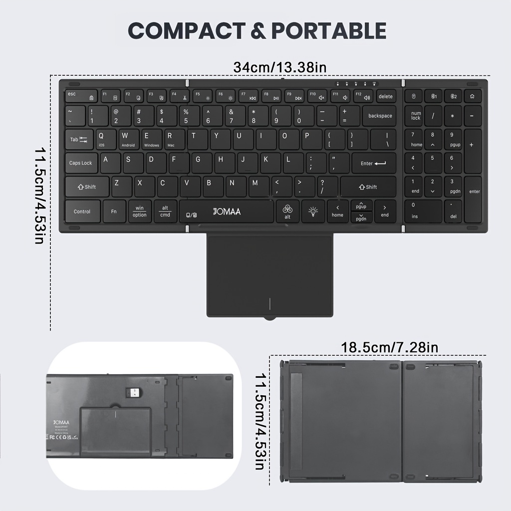 Jomaa RGB Backlit Foldable Keyboard with Wireless And USB Wireless Connectivity, Full Size with Touchpad And Numeric Keys, Rechargeable