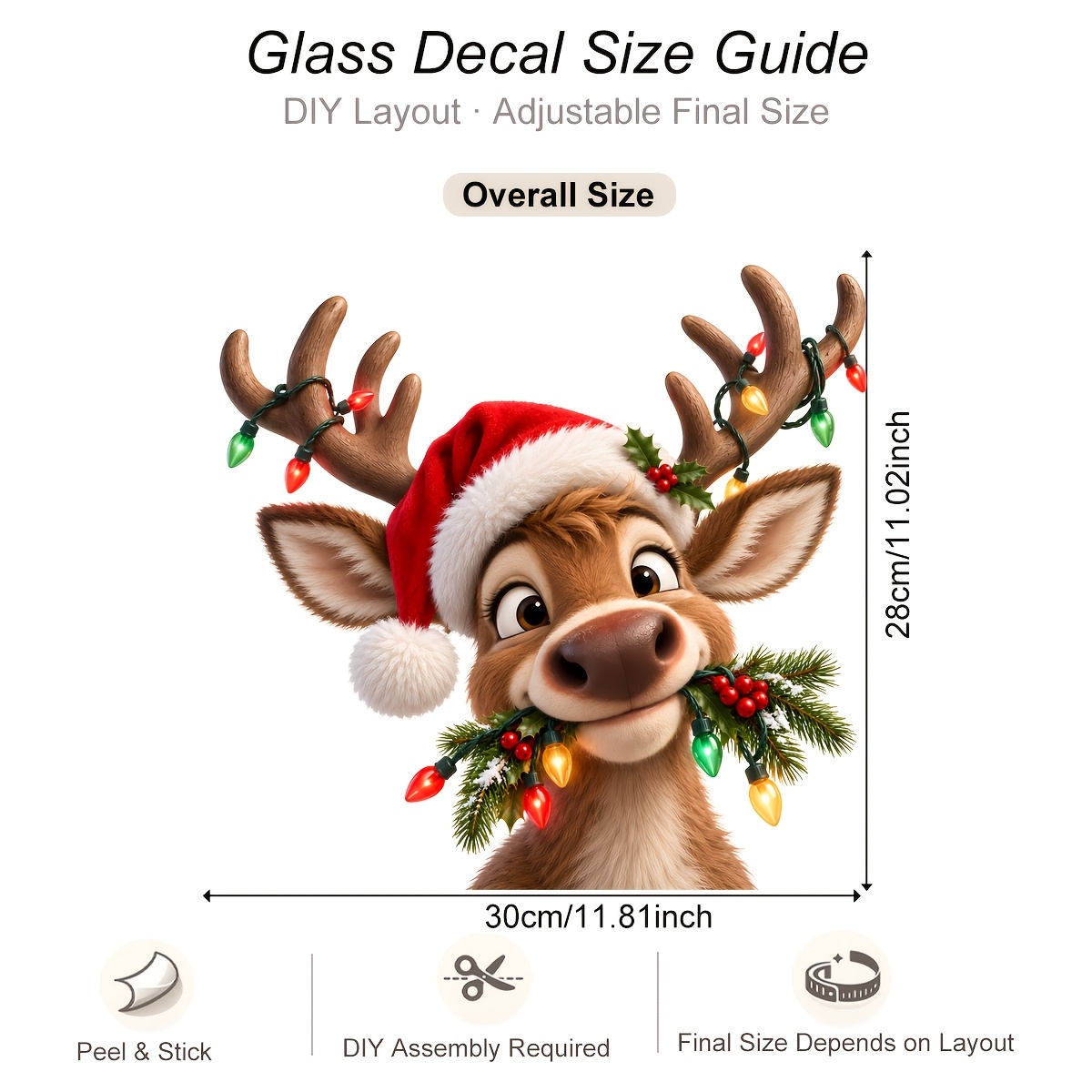 TEMU 1pc 30 X 28cm Christmas Reindeer Static Window Cling Cute Cartoon Animal With Santa Hat Christmas Light Reusable Glass Decal For Room Bedroom