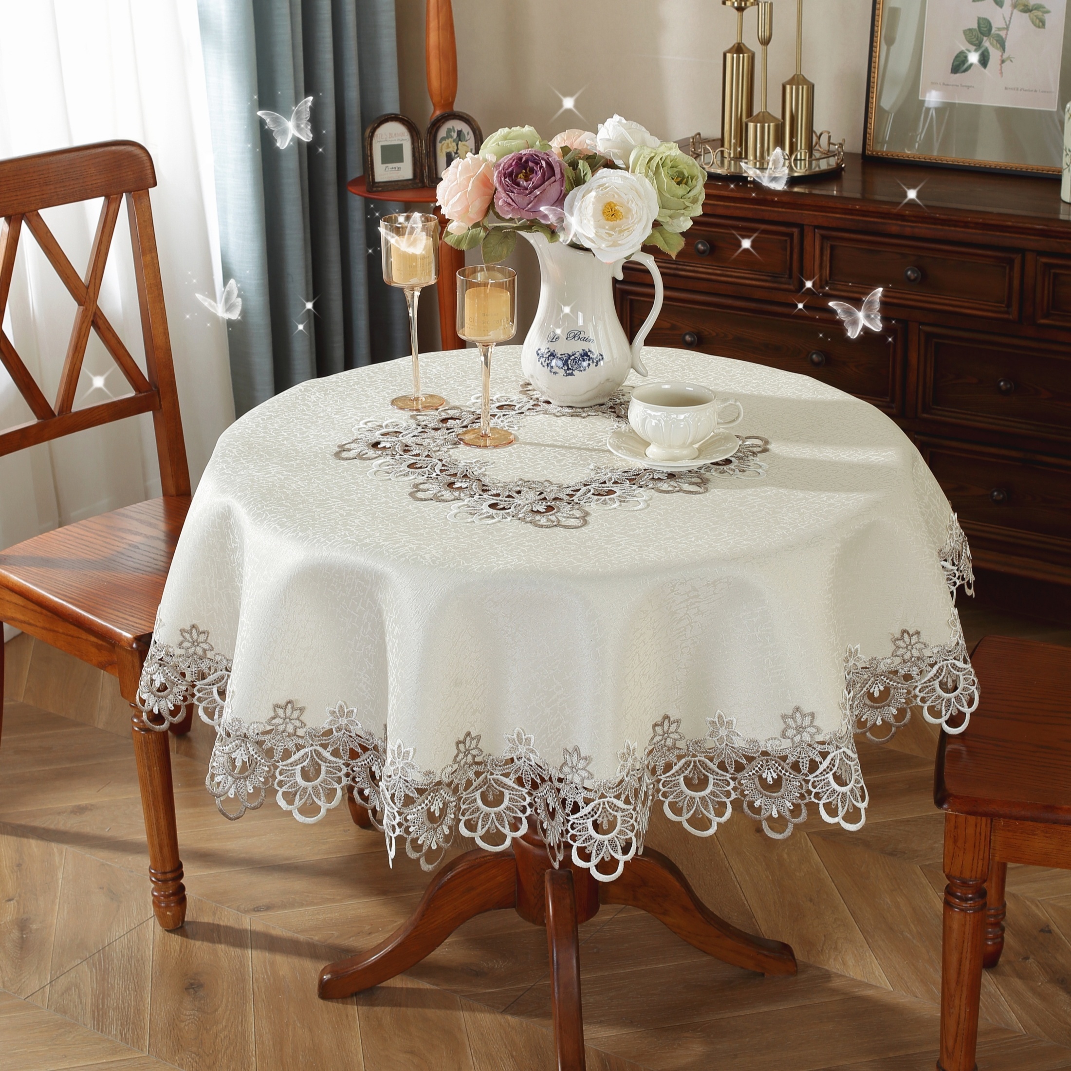 

Round Table Cloth: 1pc Polyester White Tree Bark Wrinkle Embroidery With Double Color Lace Trim - Suitable For Kitchen, Living Room, Bedroom, Picnics, Parties, And Weddings