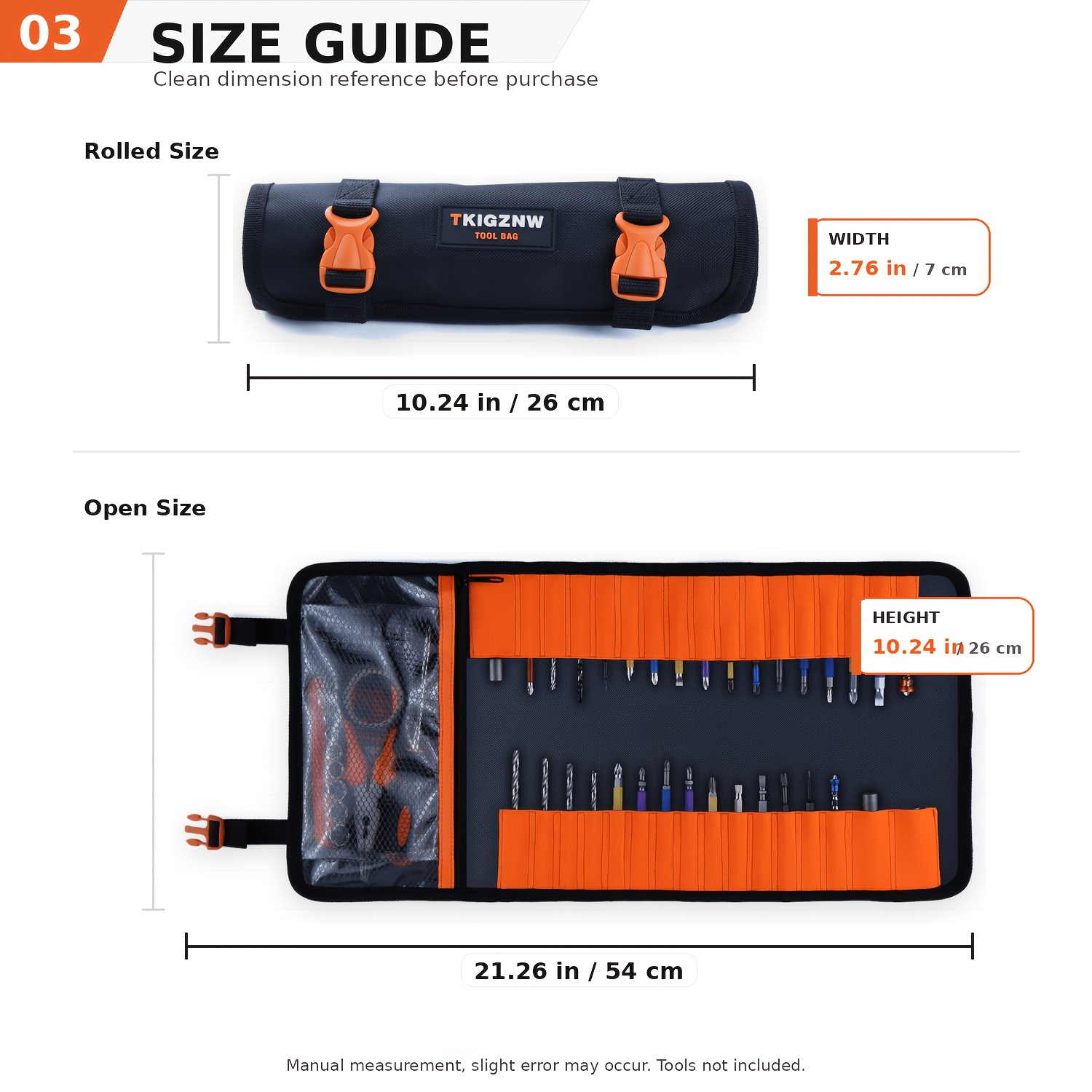 TEMU Tkigznw T026 Roll Up Drill Bit Storage Bag, 1680d Thick Oxford Cloth, 33 Elastic Slots & Big Mesh Pocket, Staggered Double Row Design, Portable