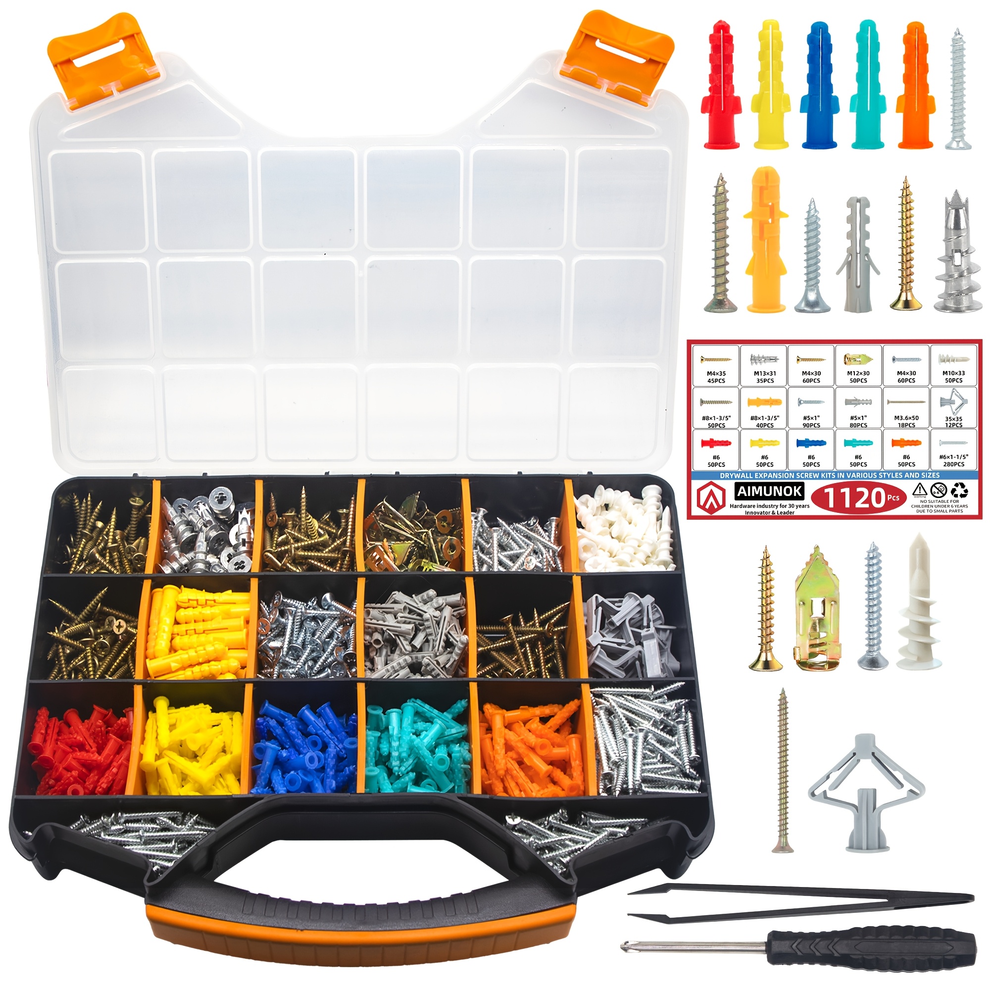 1120pcs Value Combo Set Plastic Drywall Anchor Kit With Screws And Hollow-wall Anchors Mounts, 7 Sizes Screw Tweezers Tool Set