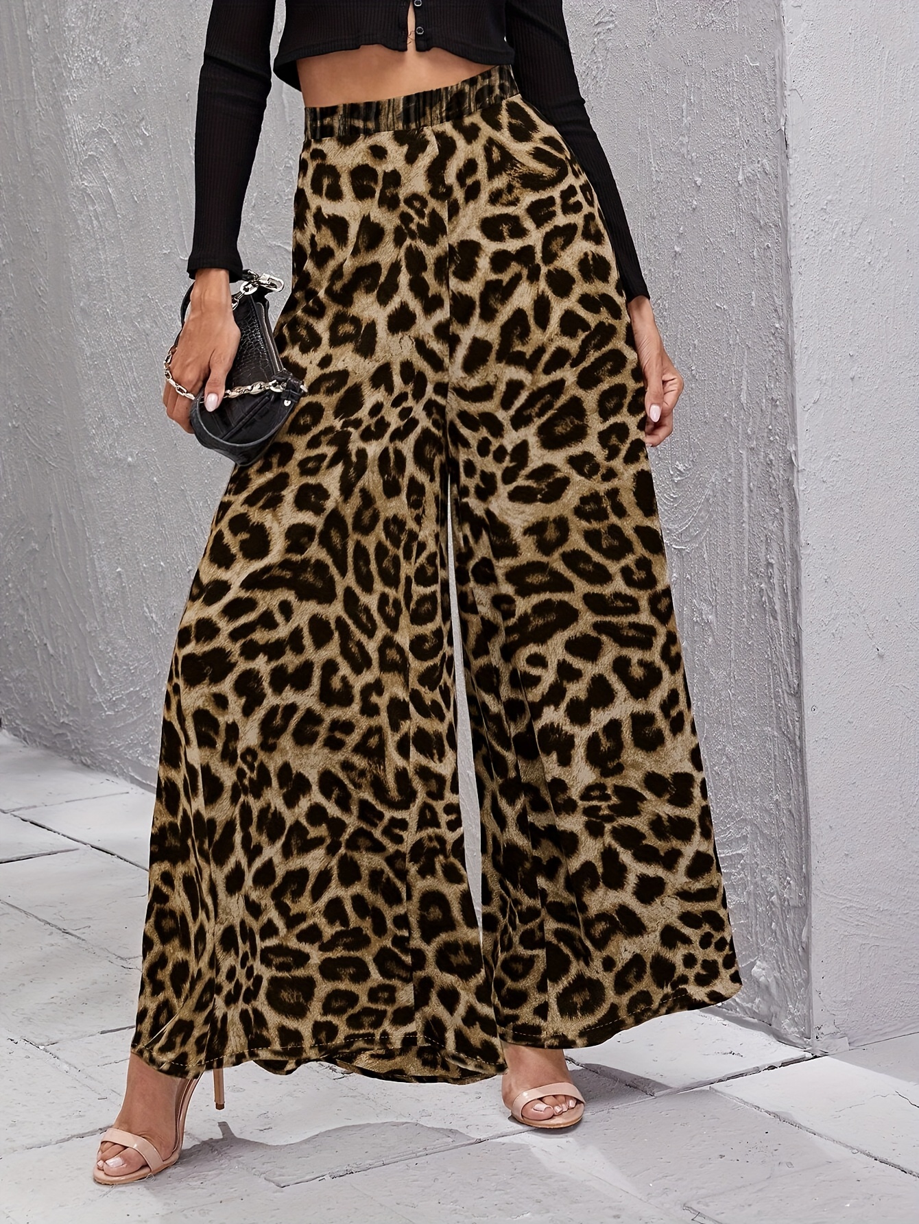 Leopard Print Wide Leg Pants Vintage Belted Paper Bag Waist - Temu