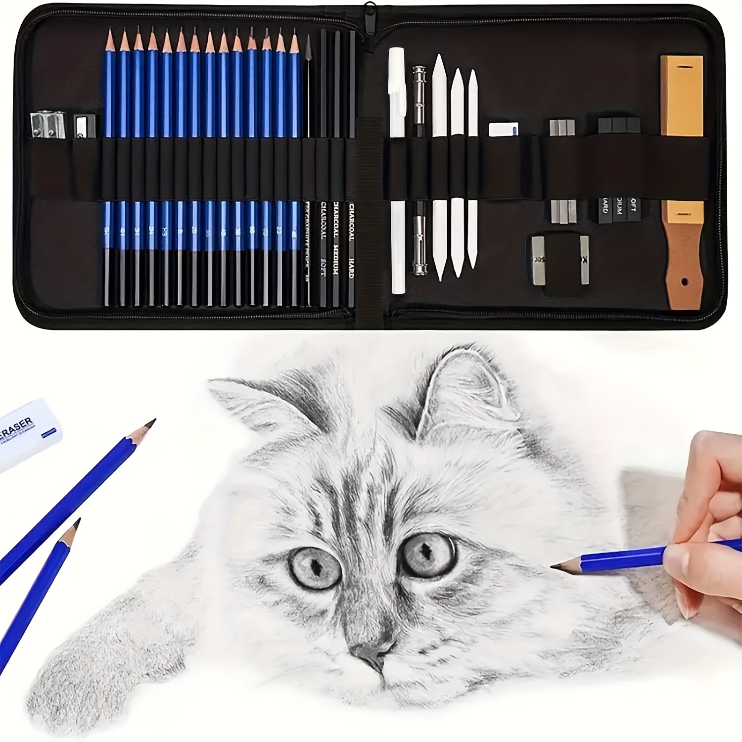 

33 Pieces Pro Drawing Kit Sketching Pencils Set, Portable Zippered Travel Case-charcoal Pencils, Sketch Pencils, Charcoal Stick, Sharpener, Eraser.art Supplies For Artists Beginner Adults Teens