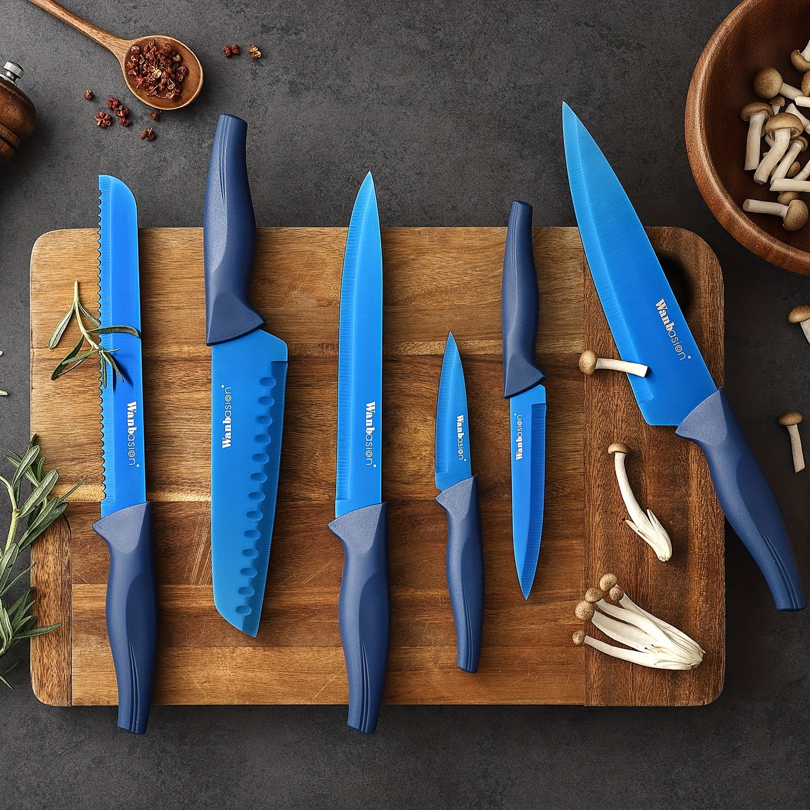 

Blue Professional Kitchen Knife Chef Set, Stainless Steel, Dishwasher Safe With Sheathes
