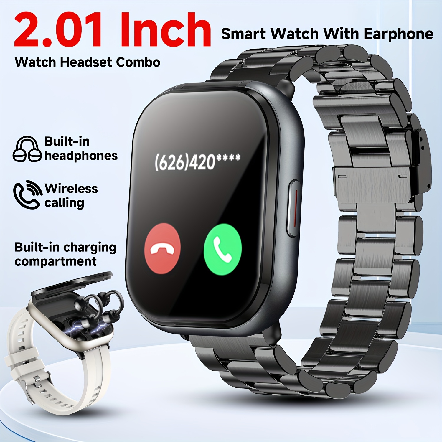 Montre connectée et casque Bluetooth 2-en-1, écran HD 2,01 pouces, appel sans fil et contrôle de musique, notifications d'applications, modes sport multiples, cadrans élégants interchangeables, prise en charge de plusieurs langues, cadeau idéal pour Halloween et Noël, cadeau de fête, compatible