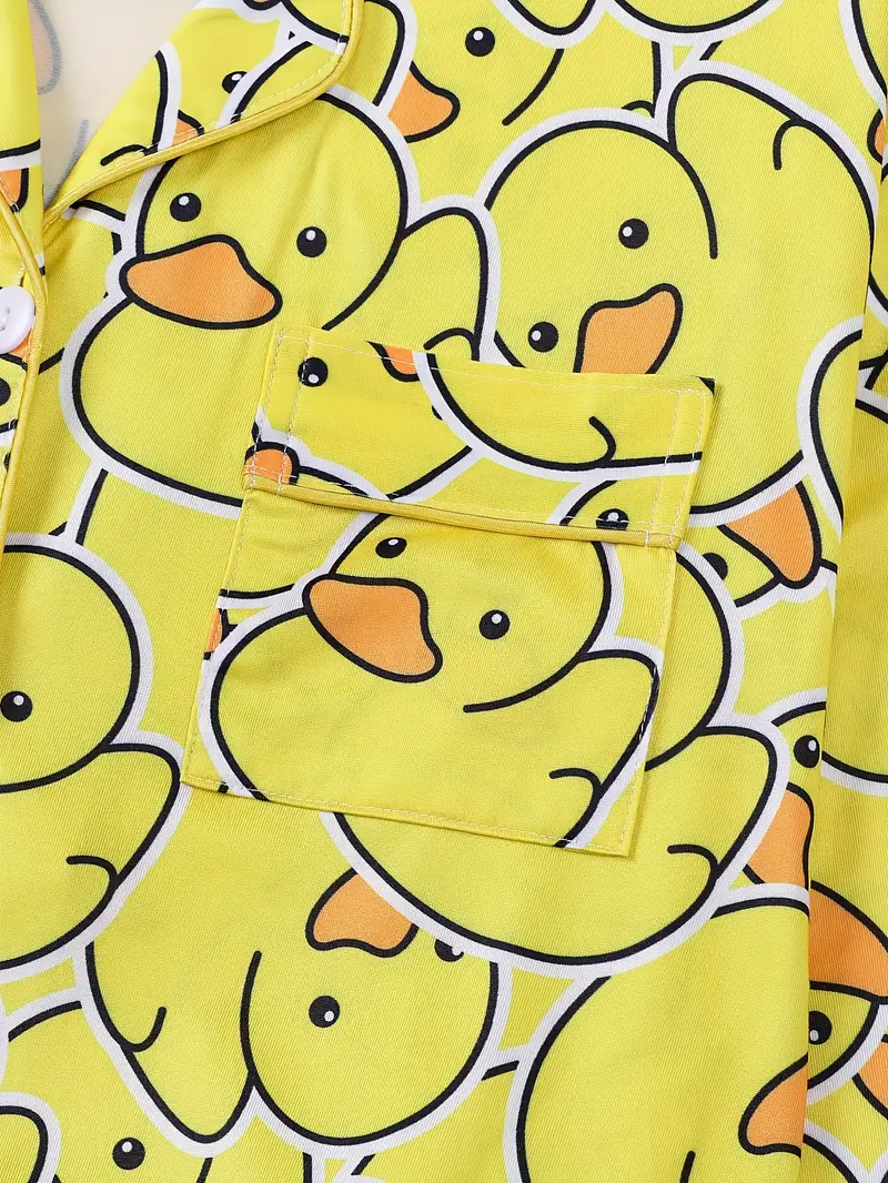 two piece womens yellow duck print pajamas set fabric comfortable all year round long sleeved button up top collar and matching pants with full body print and pocket details suitable for adult pajamas set Product details 3