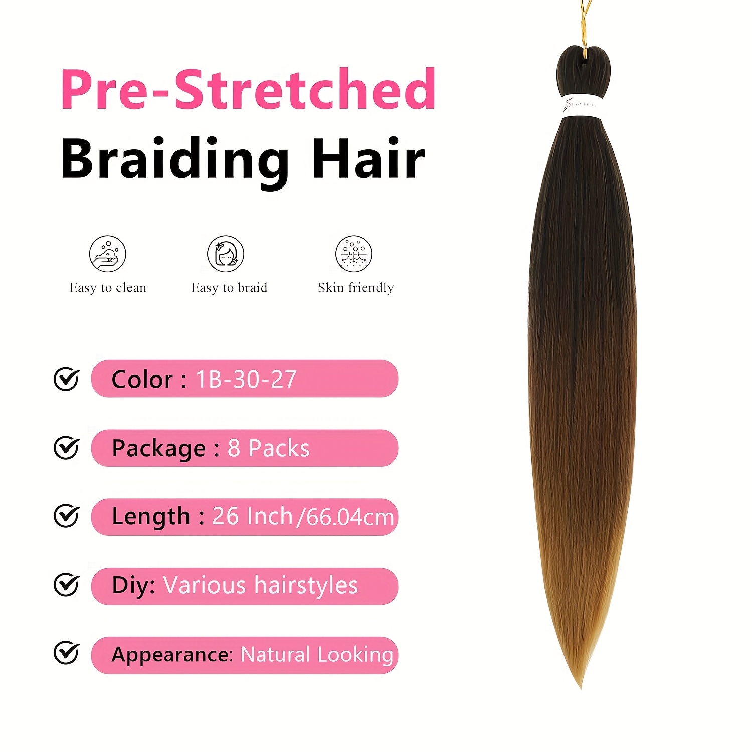 braiding hair pre stretched 26 30 inch 8 packs ombre professional soft   texture   free hot water setting extensions for braids professional soft   texture color 1b 30 27 details 2