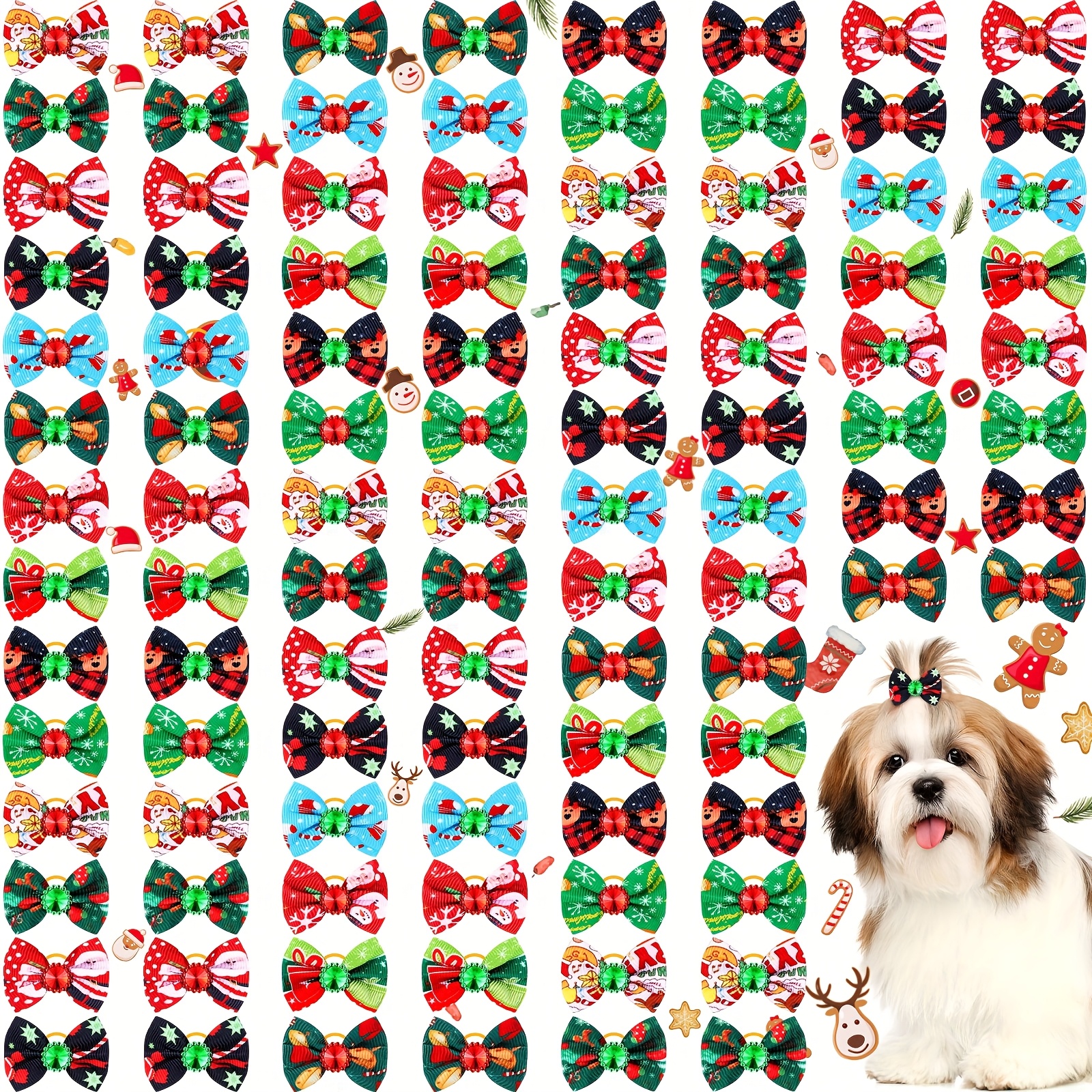 TEMU 100 Pack Christmas Dog Bows For Dogs Christmas Hair Bows With Bands Puppy Hair Bows Dog Bows Grooming With Santa Claus Christmas Tree Elk Snowflake Dog Hair Accessories