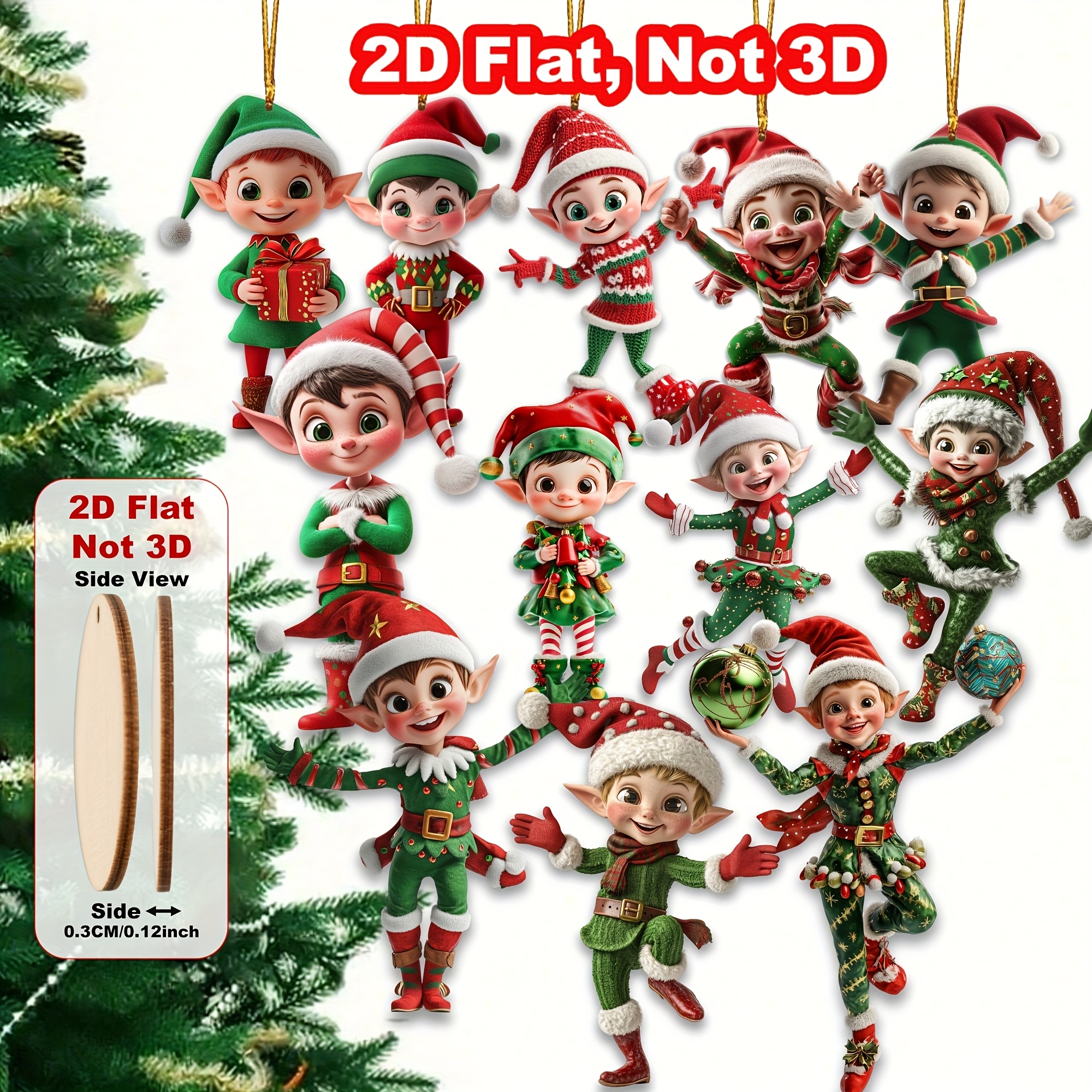 Image of 2d Flat, 24pcs Random Premium Wooden Christmas Elf Christmas Tree Ornaments, Holiday Decorations > Holiday Ornaments > Holiday Pendants, Hanging Decorations, Vibrant Red And Green Festive Decorations