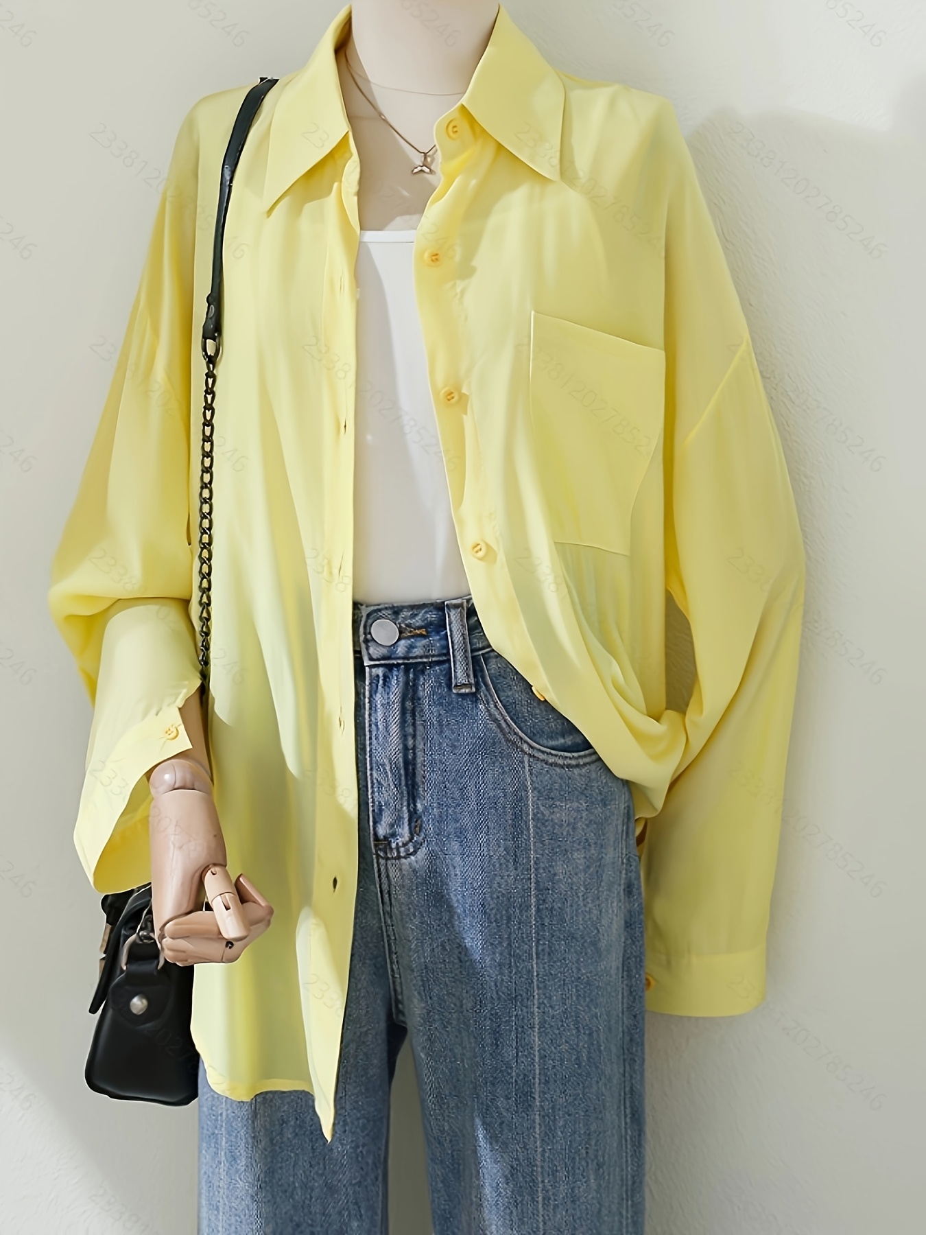 Lightweight Women's Long Sleeve Light Yellow Cardigan Chic Button-Up  Collared Shirt with Pockets, Casual Polyester Blend, Machine Washable, Cute 