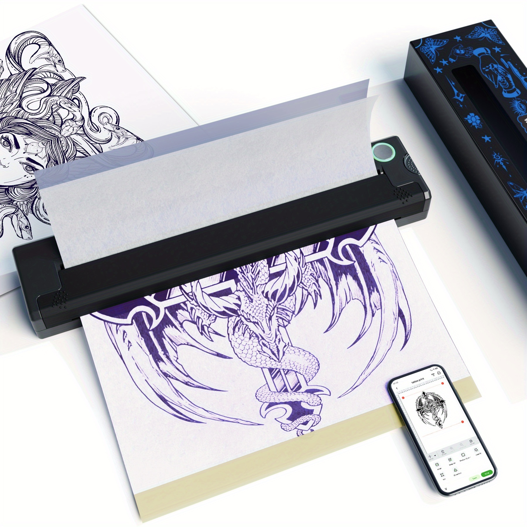 Peripage Diy Tattoo Transfer Printer Thermal Tattoo Template Printer 1pc With 5 Sheets A4 Transfer Paper Portable Mini Printer Compatible With Ios Smartphones And Computers For Beginners