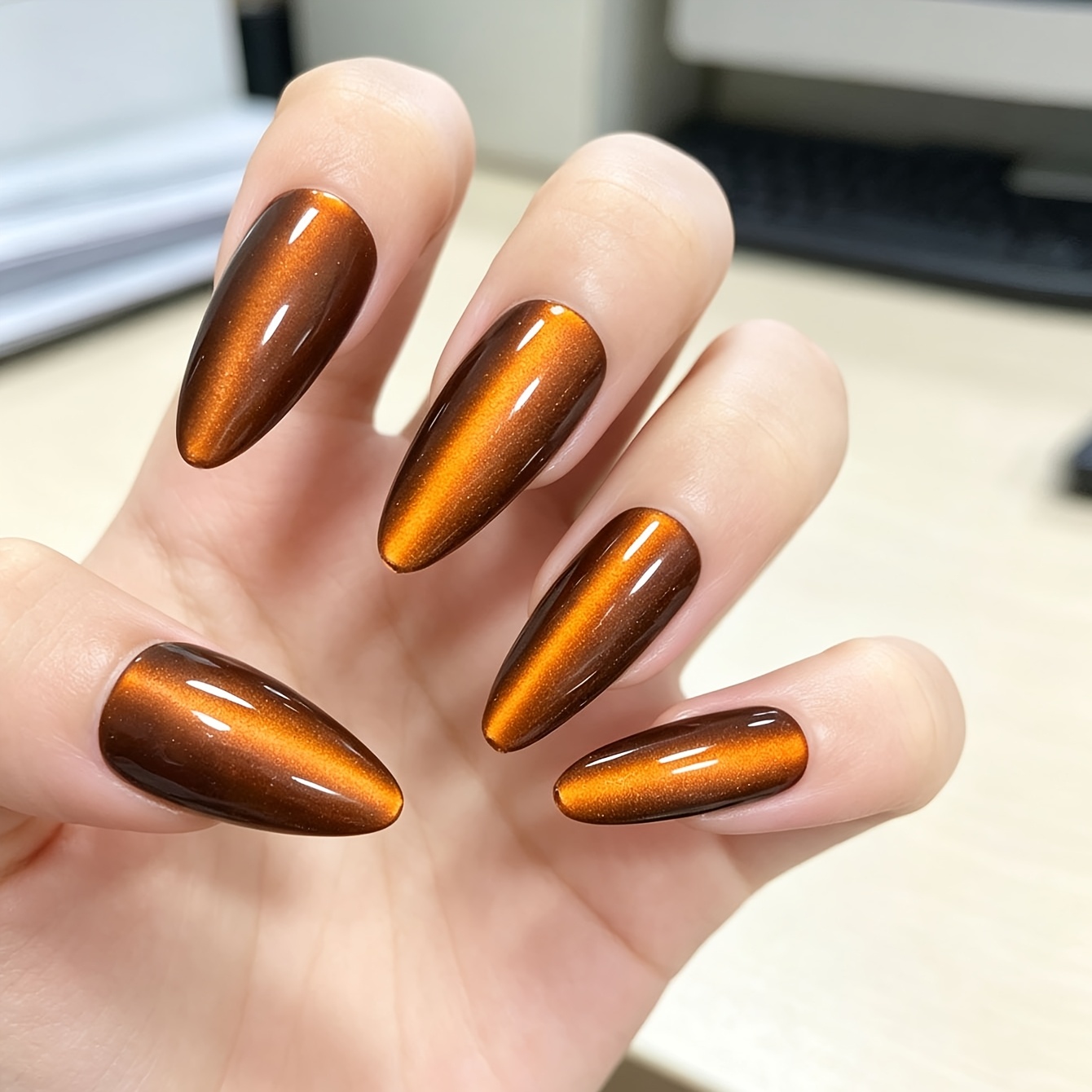 TEMU 24pcs High-end Caramel Brown Amber Cat-eye False Nails, Handcrafted, Full-coverage Fit, Medium-length Square Shape, , Almond Style, Elegant And