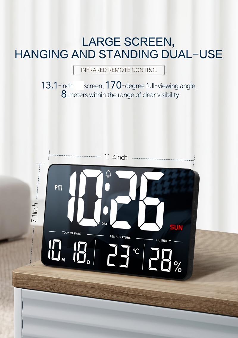 large 13 1 led digital wall clock with remote adjustable brightness calendar temperature display     24h format   living room office bedroom white black wall clock living room details 0