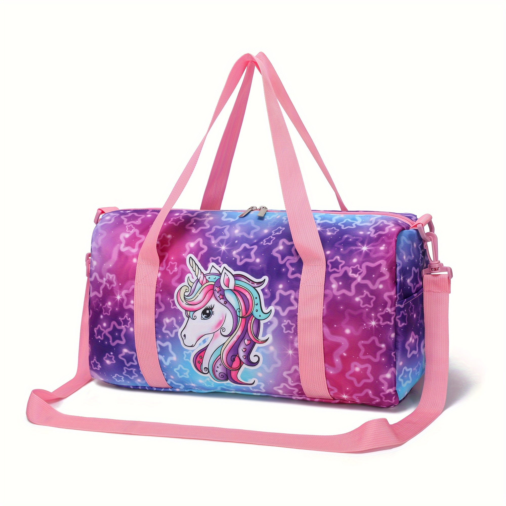 

Unicorn Print Duffle Bag: Large Capacity, Yoga, Or Travel Bag With Pink Handles And Adjustable Shoulder Strap