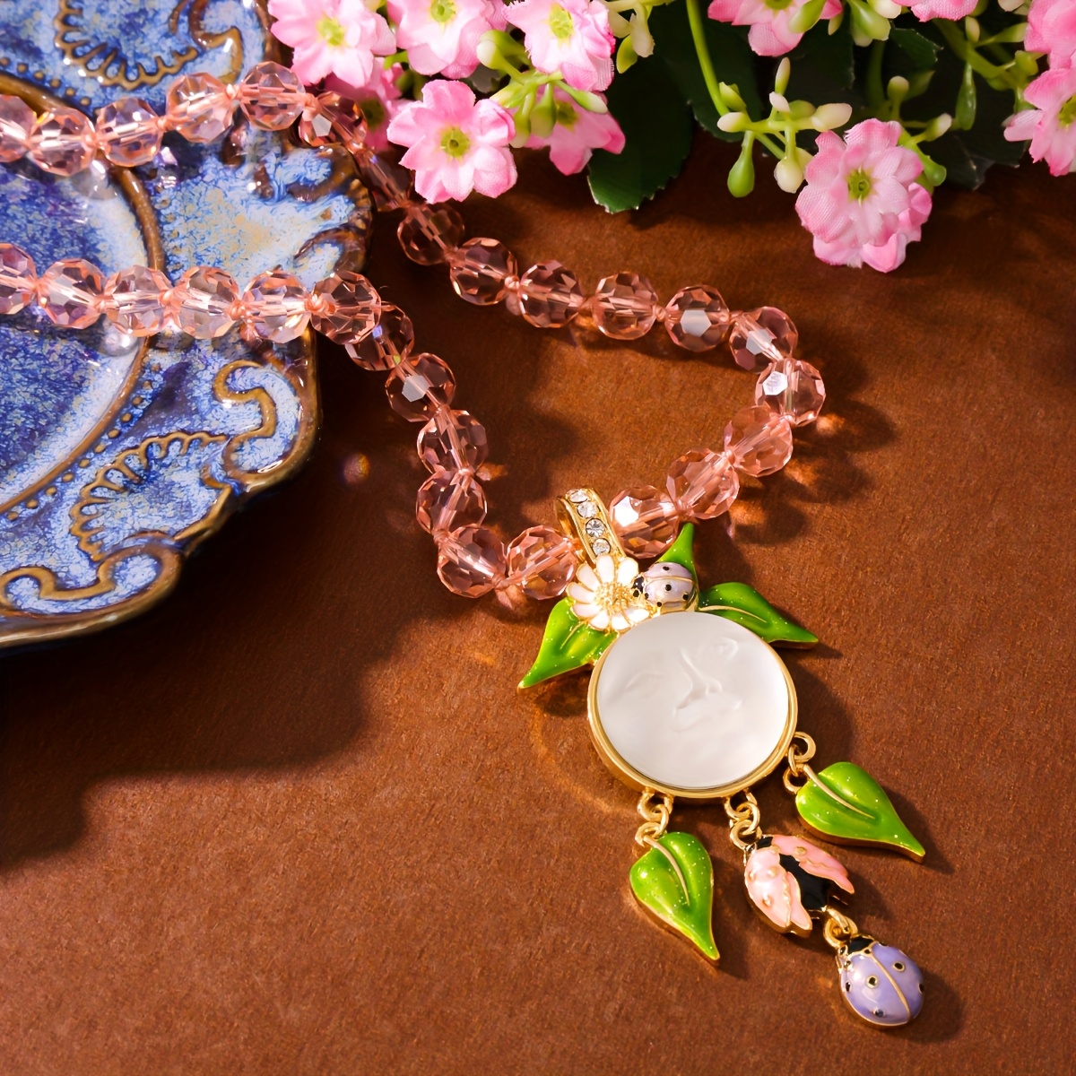 Vintage Enamel Drop Necklace with Rhinestone Accents