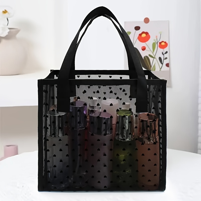 

Fashionable Mesh Tote Bag With Heart Decor - Cosmetic Storage For Women