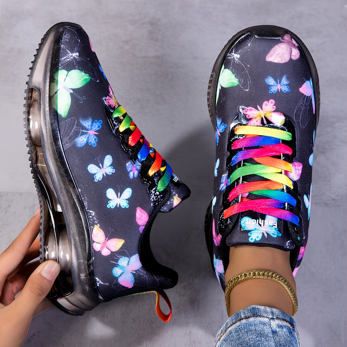 Sneakers, Butterfly Print Women's Shoes, Autumn/Winter Four-Season Style, Mesh Breathable Road Running Shoes, Lightweight Soft-Sole Women's Air Cushion Casual Shoes, Daily Wear Plus Size Casual Shoes