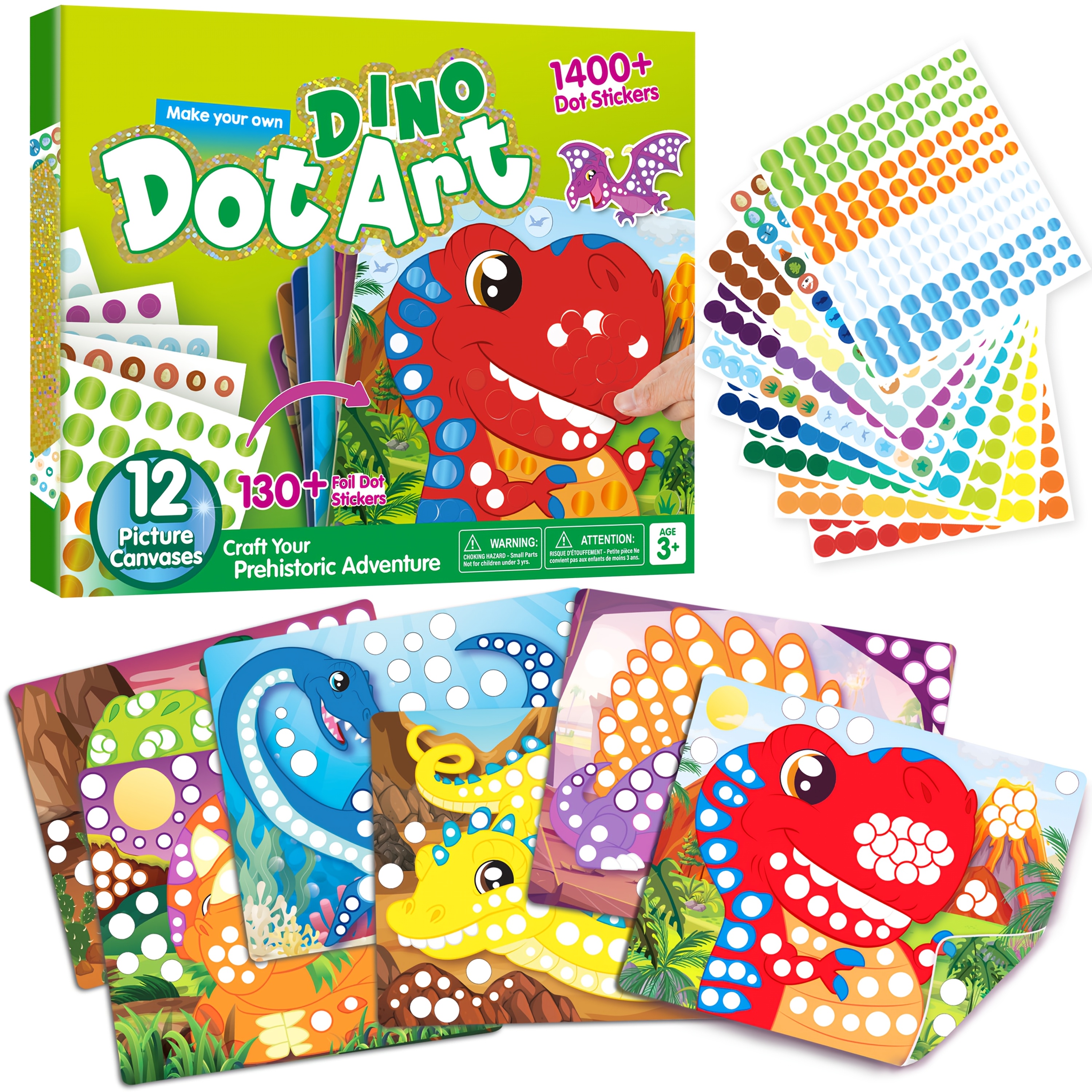 Dino Dot Art Kit Toy For Kids, 12 Picture Canvases, No Mess Sticker For Children Ages 3+, Craft Kits, Creative Activity, Travel Toy, Cool Birthday Gifts For Boys And Girls (dinosaur)