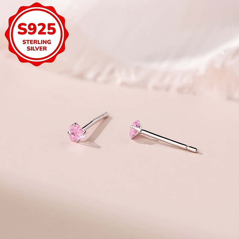Women's Pink Heart Stud Earrings in S925 Silver